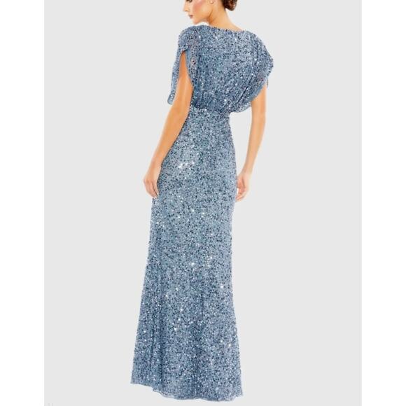 Mac Duggal Blue Draped Sleeve V-Neck Gown Slate Blue 5640 Size 4 NWT Sequins - Picture 10 of 16